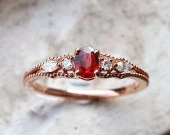Oval Lab Ruby 925 Sterling Silver Ring Unique Milgrain CZ Ring Handmade Custom Gifts Engagement Anniversary Ring Dainty 14K 18K Gold Ring