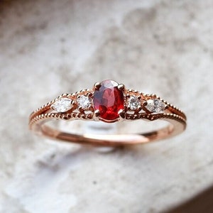 Oval Lab Ruby 925 Sterling Silver Ring Unique Milgrain CZ Ring Handmade Custom Gifts Engagement Anniversary Ring Dainty 14K 18K Gold Ring Lab Ruby