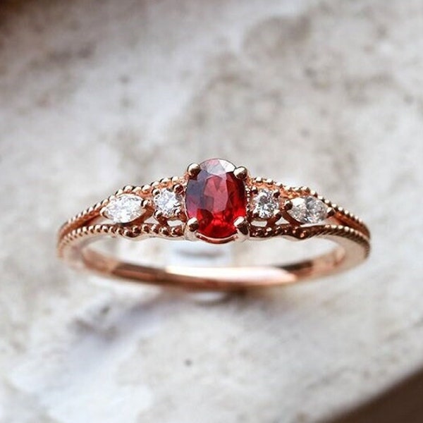 Oval Lab Ruby 925 Sterling Silver Ring Unique Milgrain CZ Ring Handmade Custom Gifts Engagement Anniversary Ring Dainty 14K 18K Gold Ring