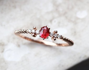 Vintage engagement ring art deco unique Lab ruby rose gold diamond ring woman oval cut prong set bridal antique anniversary bridal ring