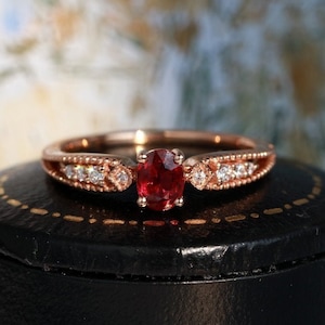 Retro Oval Lab Ruby Ring, Sterling Silver Milgrain Ring with Moissanite / Diamond, Handmade Custom 10K 14K 18K Ring, Promise Rins for Women
