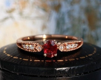 Lab Ruby Engagement Ring Rose Gold Vintage Diamond ring Milgrain Antique Sterling Silver Ring Moissanite CZ Anniversary Promise Gift Ring
