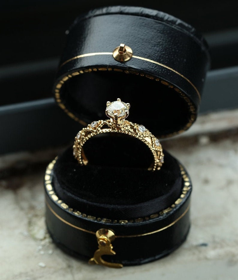 Vintage C&C moissanite engagement ring, Antique yellow gold diamond wedding ring, prong set milgrain ring, wedding ring, anniversary ring image 1