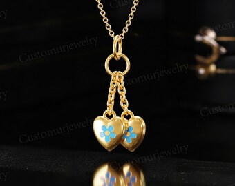 Colgante de flores azules esmaltadas, delicado collar en forma de corazón, collar de oro amarillo, regalo de cumpleaños o graduación para ella - CustomUrJewelry