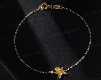 Dainty Gingerbread Man Bracelet - Moissanite Bracelet - Silver Charm Bracelet - Christmas Gifts for Her