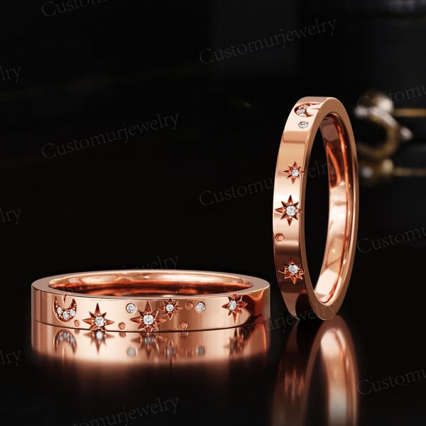 Himmlischer Mond & Stern Paar Ehering, handgemachter gravierter Bandring, Moissanitband, Gold passender Versprechensring, benutzerdefinierte für Sie und Ihn