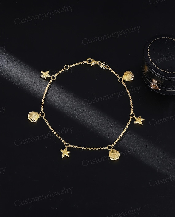Ocean Charm Bracelet with Seashell & Starfish, Beach Theme Dainty Chain Bracelet, Gold Plated Bracelet, Summer Jewelry, Gifts for Her