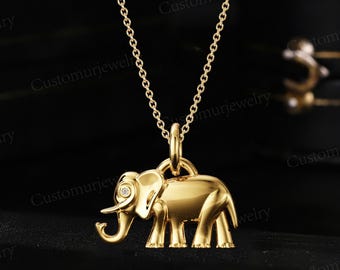 Elephant Charm Necklace - Solid Gold Animal Pendant - Moissanite Good Luck Jewelry - Birthday Gift For Her