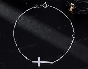 Weißgold Seitlich Kreuz Armband, Minimalistisches Horizontales Armband, Taufgeschenk, Erstkommunion Armband, Religiöser Schmuck Geschenk für Sie