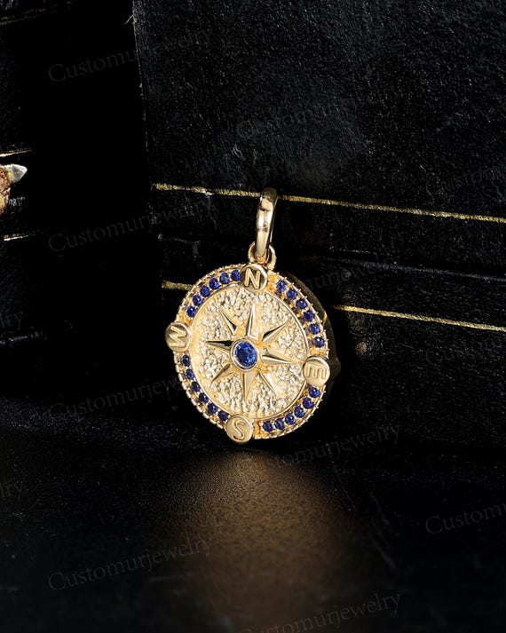Compass Pendant with Lab Sapphire, 10K Gold Nautical Necklace, Blue Stone Adventure Compass Charm, Travel Jewelry Gift - CustomUrJewelry