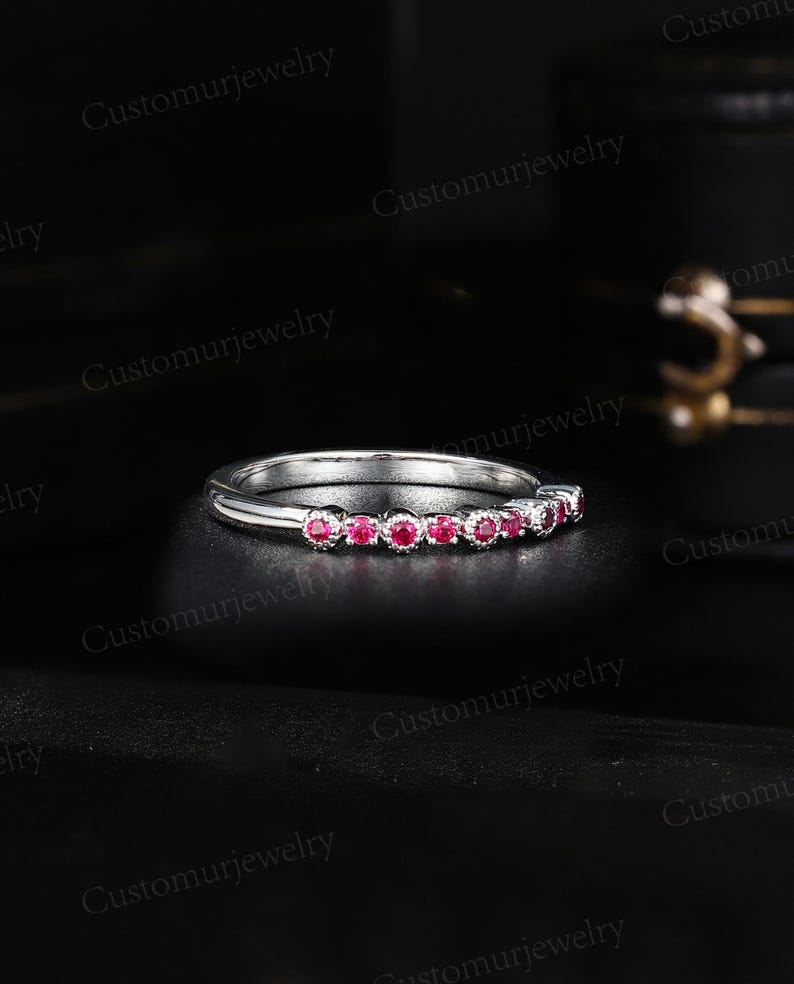 Vintage Ruby Wedding Band, 14K Solid White Gold Half Eternity Wedding ...