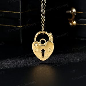 Unique Heart and Lock Pendant Necklace, Padlock Necklace, Handmade 10K Gold Pendant, Personalized Engraved Pendant, Promise Gifts for Lover image 6