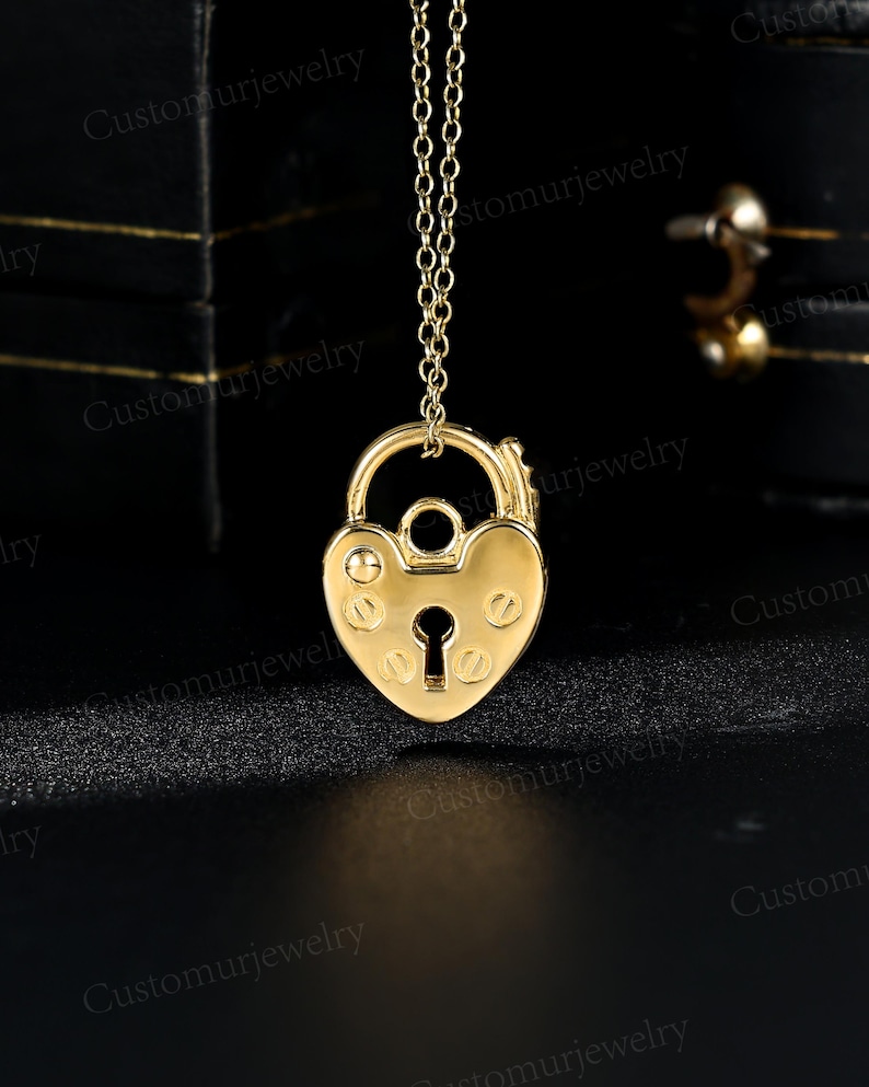 Unique Heart and Lock Pendant Necklace, Padlock Necklace, Handmade 10K Gold Pendant, Personalized Engraved Pendant, Promise Gifts for Lover image 6