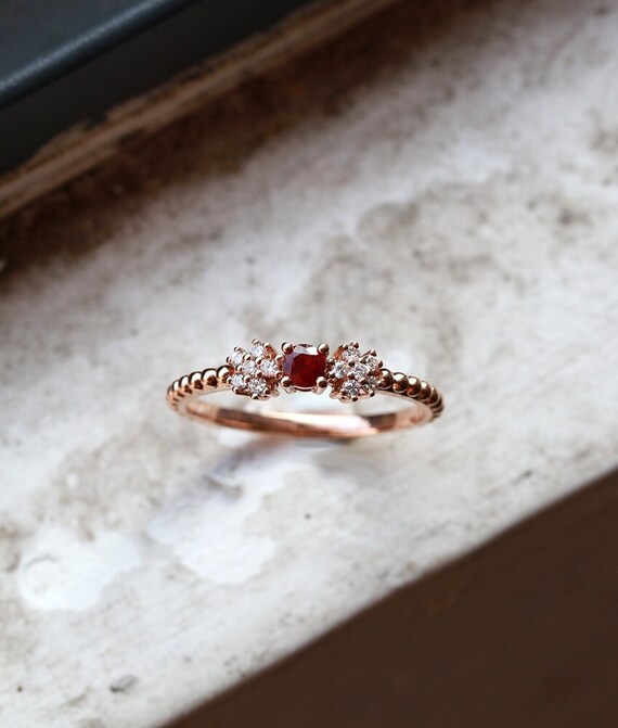 Ruby Engagement Ring Rose Gold Ring Diamond Ring Unique Art Deco