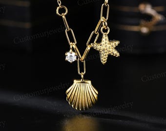 Gold Shell & Starfish Moissanite Necklace, Shell Ocean Pendant, Beach Theme Paperclip Chain Necklace, Birthday Gifts for Her
