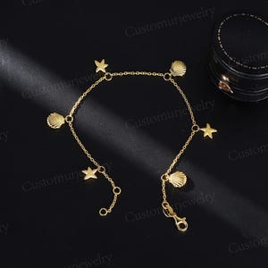Ocean Charm Bracelet with Seashell & Starfish, Beach Theme Dainty Chain Bracelet, Gold Plated Bracelet, Summer Jewelry, Gifts for Her