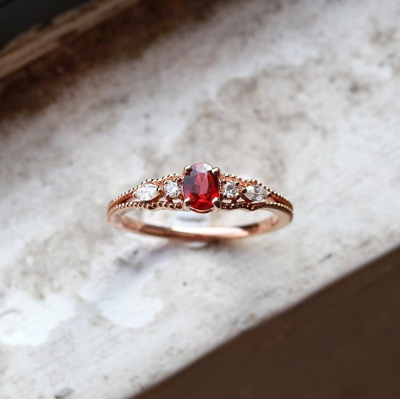 Oval Lab Ruby 925 Sterling Silver Ring Unique Milgrain CZ Ring Handmade Custom Gifts Engagement Anniversary Ring Dainty 14K 18K Gold Ring Lab Ruby