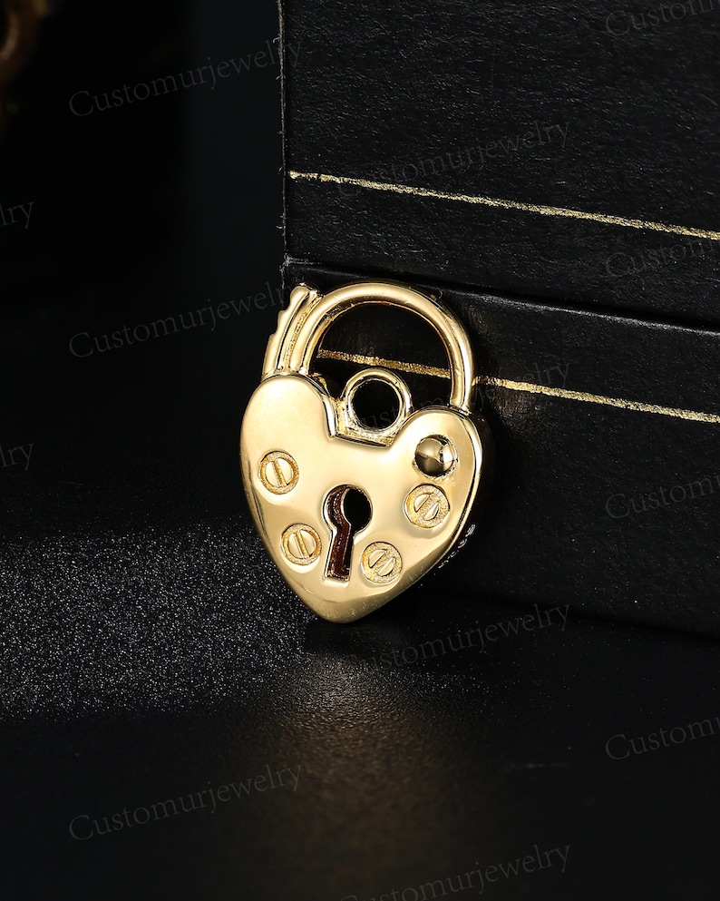 Unique Heart and Lock Pendant Necklace, Padlock Necklace, Handmade 10K Gold Pendant, Personalized Engraved Pendant, Promise Gifts for Lover image 1