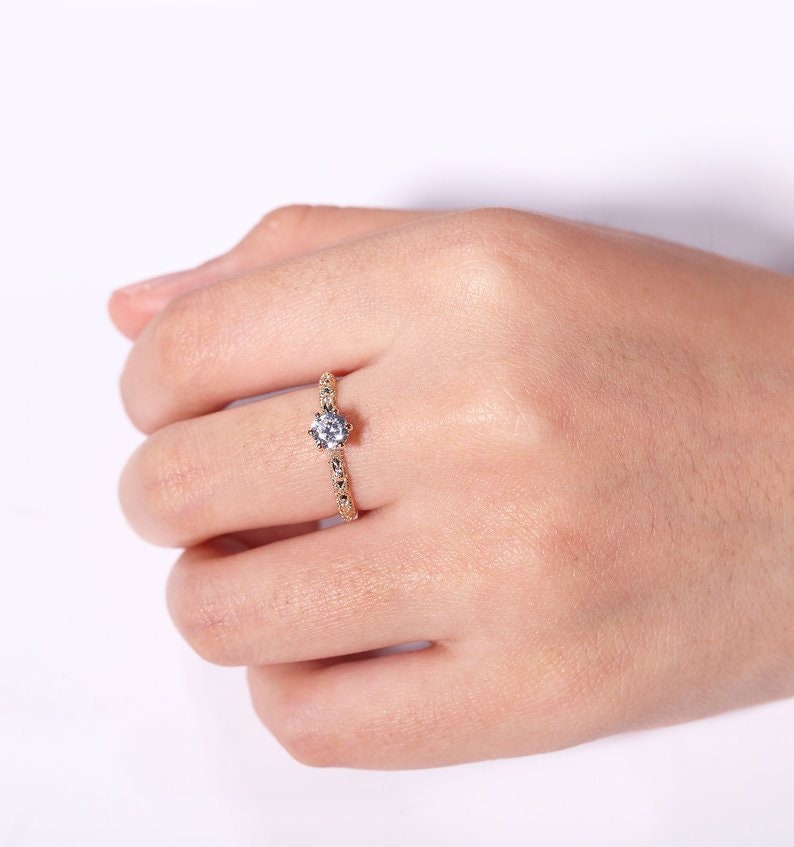 Vintage C&C moissanite engagement ring, Antique yellow gold diamond wedding ring, prong set milgrain ring, wedding ring, anniversary ring image 6