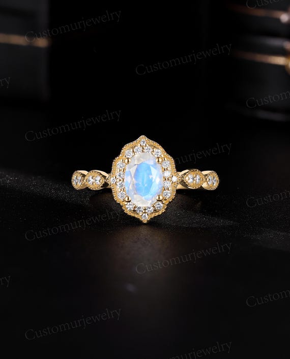 Vintage Oval Moonstone Engagement Ring, Dainty Pave Moissanite Ring, 14K or 18K Yellow Gold Ring, Handmade Custom Anniversary Promise Ring