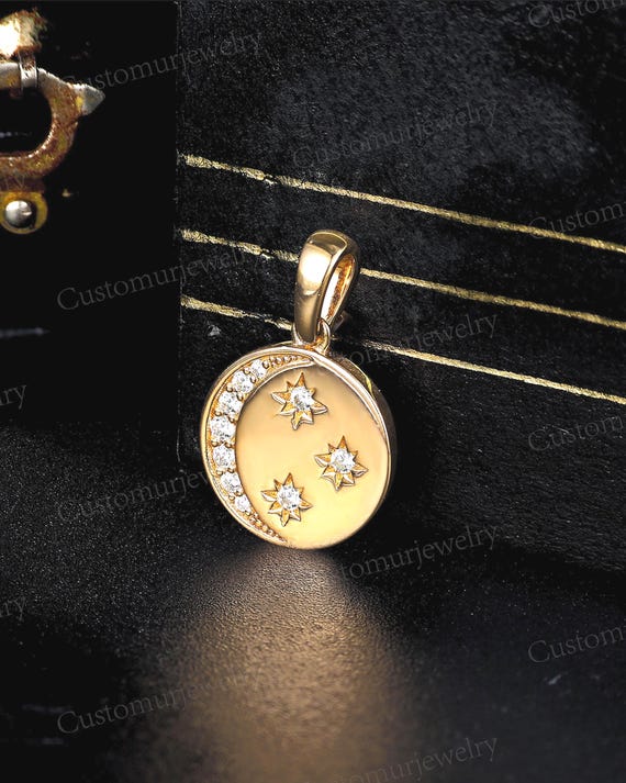 Celestial Moon & Star Pendant, Moissanite Pendant, Handmade 10K Gold Pendant Necklace, Free Silver Chain Necklace, Anniversary Gifts for Her