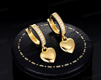 Dainty Heart Hoop Earrings - Moissanite Earrings - Yellow Gold Plate Anniversary Gifts for Her