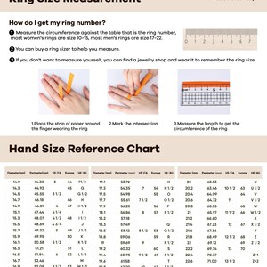 May include: Ring size measurement guide with instructions and a hand size reference chart. Includes diagrams for measuring finger circumference with paper and a ruler. The chart lists ring sizes in mm, inches, and US/UK/European sizes.