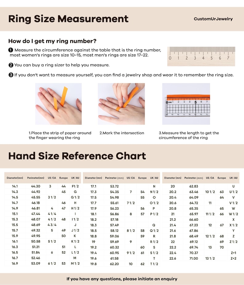 May include: Ring size measurement guide with instructions and a hand size reference chart. Includes diagrams for measuring finger circumference with paper and a ruler. The chart lists ring sizes in mm, inches, and US/UK/European sizes.
