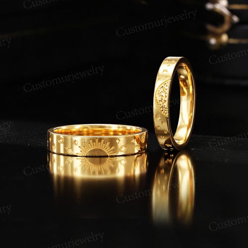 Alliances couple soleil céleste et lune, bague de promesse assortie en or, ensemble d'alliances étoile gravée, alliance galaxie, alliance personnalisée pour lui et lui