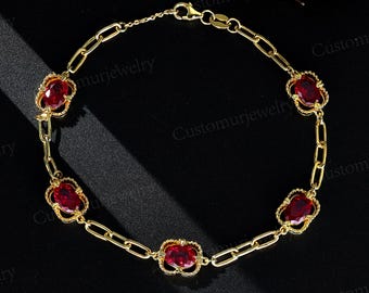 Antikes 18K Gelbgold Lab Rubin Armband, Floral Gliederketten Armband, Benutzerdefinierte Oval Edelstein Jahrestag Geschenke für Sie, spezieller feiner Schmuck