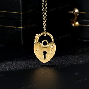 Unique Heart and Lock Pendant Necklace, Padlock Necklace, Handmade 10K Gold Pendant, Personalized Engraved Pendant, Promise Gifts for Lover image 5