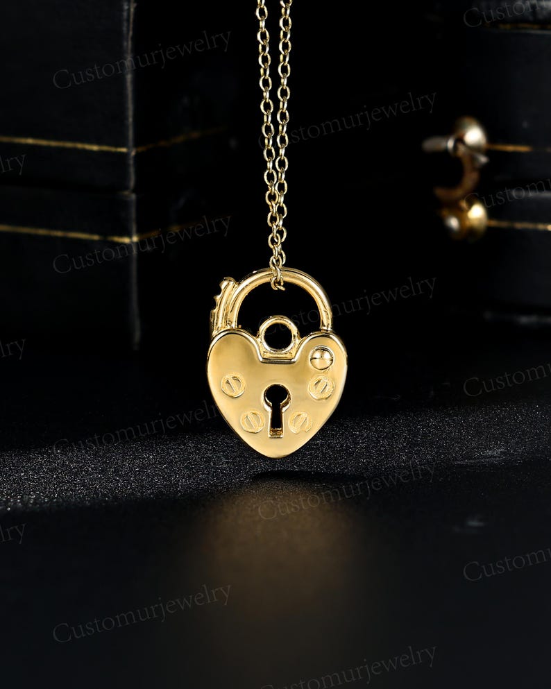 Unique Heart and Lock Pendant Necklace, Padlock Necklace, Handmade 10K Gold Pendant, Personalized Engraved Pendant, Promise Gifts for Lover image 5