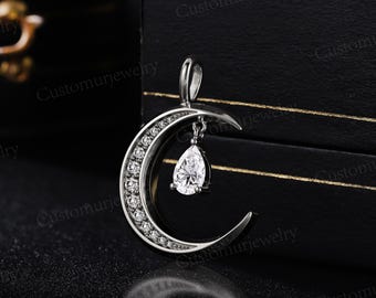 Crescent Moon Pendant with Swinging Moissanite - Sterling Silver Necklace - New Beginning Gift