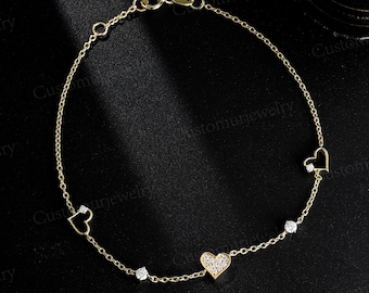 Pulsera de corazón hecha a mano para uso diario, pulsera de moissanita, pulsera con piedra de nacimiento personalizada, pulsera de cadena de oro amarillo, regalo para ella