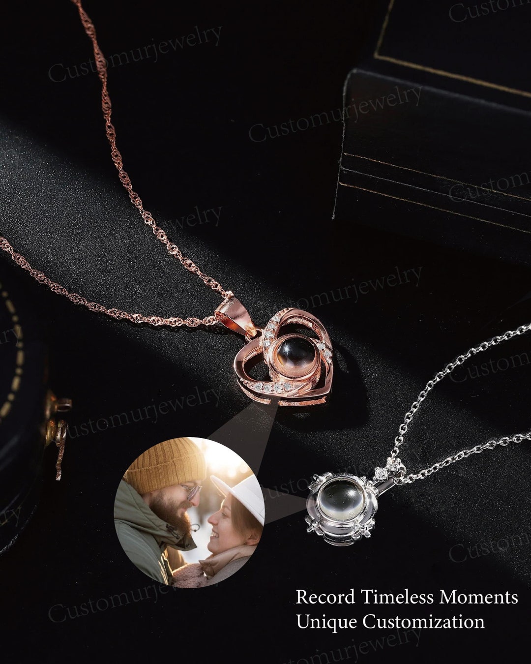 Heart Shape Projection Photo Necklace, CZ Necklace, Projection