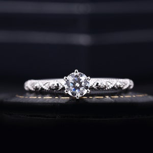 Vintage C&C moissanite engagement ring, Antique yellow gold diamond wedding ring, prong set milgrain ring, wedding ring, anniversary ring image 7
