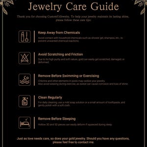 May include: Jewelry Care Guide on a black background. The guide provides tips on how to care for jewelry, including keeping it away from chemicals, avoiding scratching and friction, removing it before swimming or exercising, cleaning it regularly, and removing it before sleeping. The CustomUrJewelry logo is at the bottom.