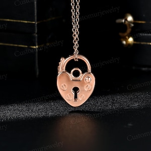 Unique Heart and Lock Pendant Necklace, Padlock Necklace, Handmade 10K Gold Pendant, Personalized Engraved Pendant, Promise Gifts for Lover image 7