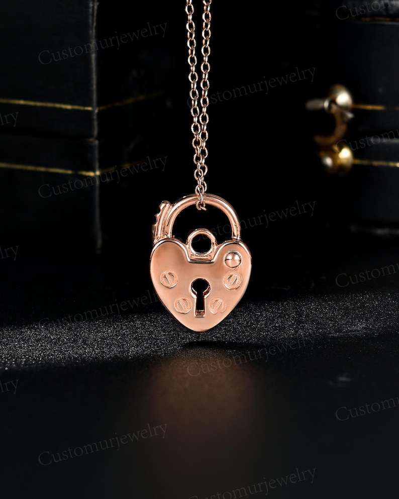 Unique Heart and Lock Pendant Necklace, Padlock Necklace, Handmade 10K Gold Pendant, Personalized Engraved Pendant, Promise Gifts for Lover image 7