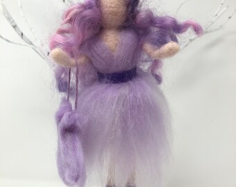 Fairy with Amethyst Crystal, Needle Felted Fairy, Waldorf Inspired, Fairy with an Amethyst Crystal in her bag.