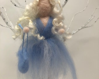 Fairy with Blue Lace Agate, Blue Lace Agate Needle Felted Fairy, Waldorf Inspired, Fairy with a Blue Lace Agate Crystal in her bag