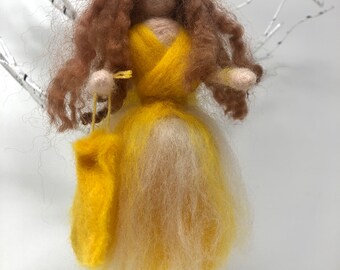 Fairy with Citrine Crystal, Needle Felted Fairy, Waldorf Inspired, Fairy with a Citrine Crystal in her bag