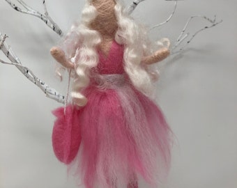 Needle Felted Fairy with Rose Quartz Crystal,  Needle Felted Fairy, Waldorf Inspired, Fairy with a Rose Quartz Crystal in her bag