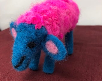 Needle Felted Sheep, Woolly Needle Felted Pink and Turquoise Sheep, Waldorf Inspired, Colourful Farm Animal, Sheep Gift