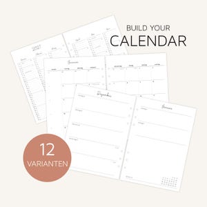Könnte beinhalten: Eine Sammlung weißer Kalendereinlagen aus Papier mit schwarzem Text, die Monats- und Wochenübersichten für 2027 zeigen. Die Seiten haben Lochungen und der Text BUILD YOUR CALENDAR sowie 12 VARIANTEN sind auf der Abbildung zu sehen.
