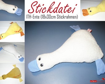 ITH Stickdatei Ente, 28x25 cm große Kuschelente Schmuseente 18x30cm Stickrahmen