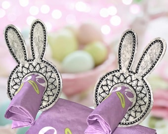 Archivo de bordado anillo de servilleta conejo ITH para el bastidor de bordado de 10 x 10 cm