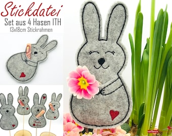 4 Stickdateien ITH - Hasen Stabfiguren für 13x18er Rahmen Dekohasen - Osterdeko - Osterhasen - Ostergeschenk