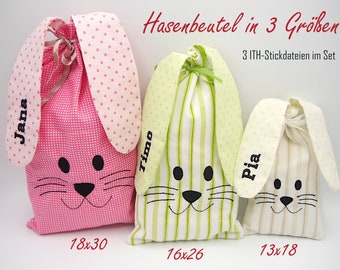 3 Hasenbeutel im Set ITH-Stickdatei 13x18 + 16x26 + 18x30 cm Osterbeutel Ostertasche