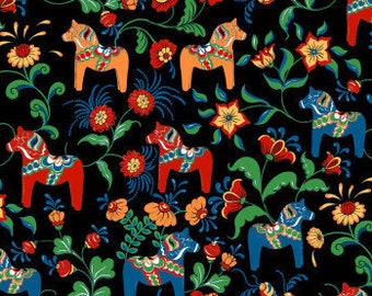 Curtains black red orange blue Large Dala Horses Leksand Kurbits Modern curtains Curtain valances Home decor Natural Organic fabric , GIFT